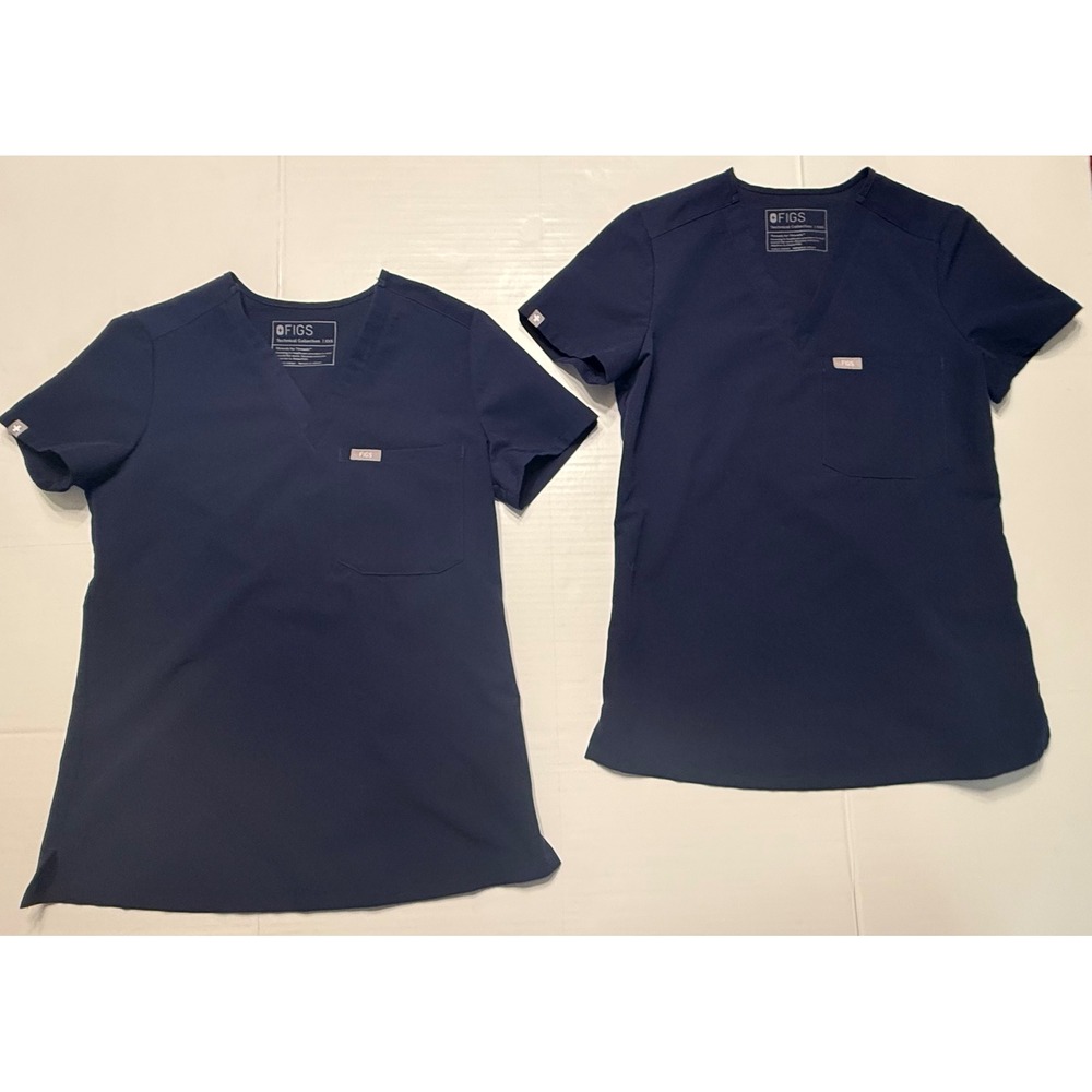 FIGS Technical Collection Navy Blue Scrub Tops V-Neck Chest Pocket XXS Lot of 2
